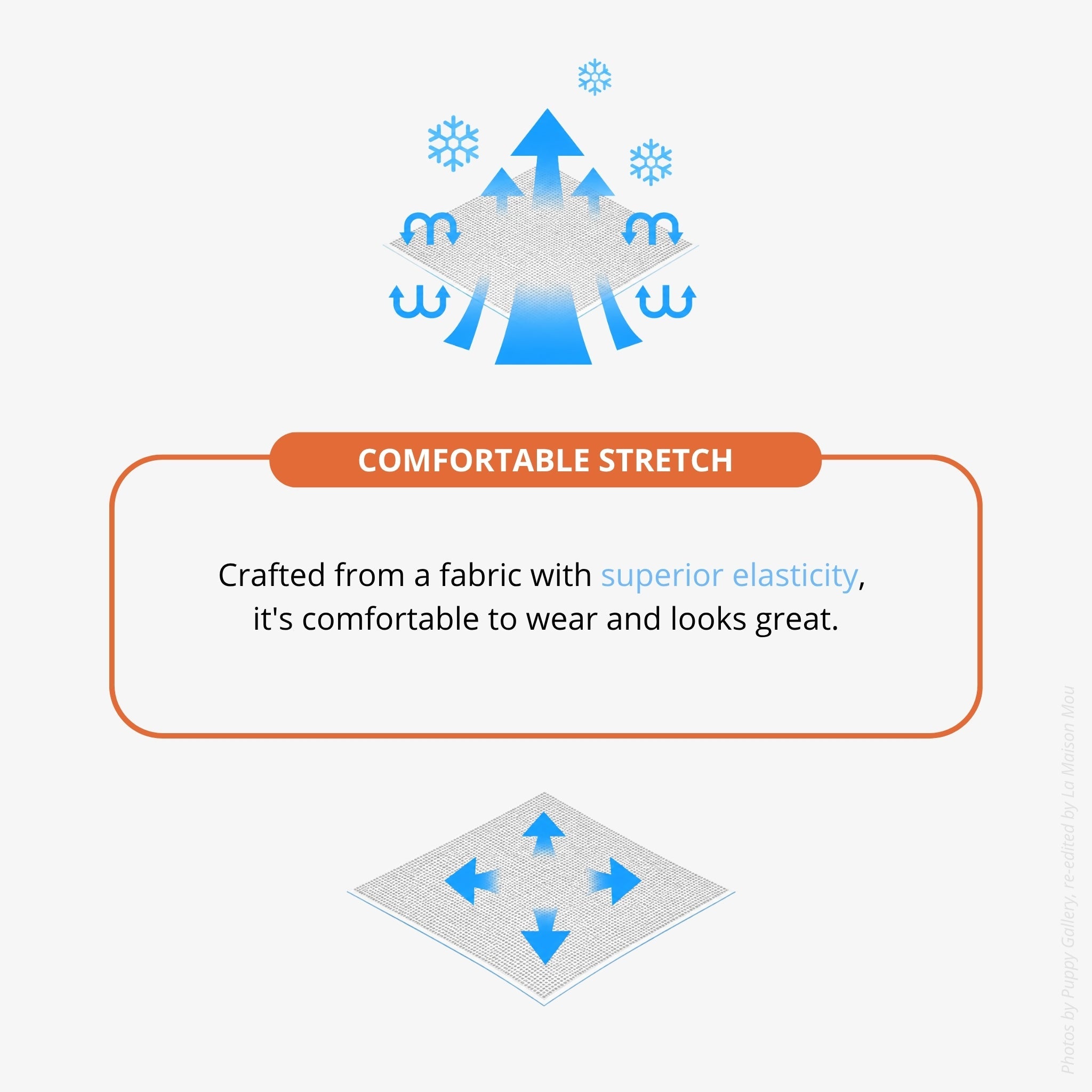 A fabric performance graphic showing multi-directional arrows to demonstrate the superior elasticity, stretch comfort, and active fit of the pet cooling material.