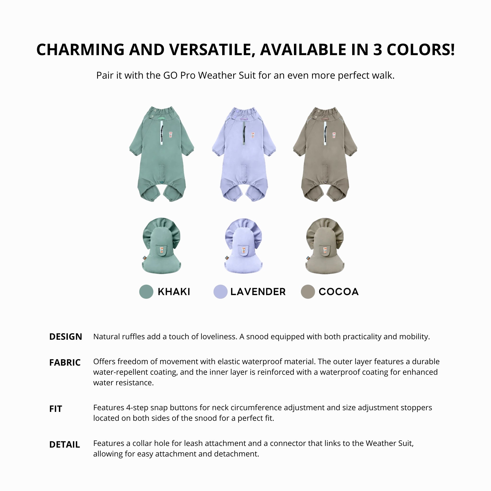An informative graphic presenting the Puppy Gallery GO Pro Weather Snood and full-body suits in Khaki, Lavender, and Cocoa color options, outlining design, fabric, and leash attachment details.