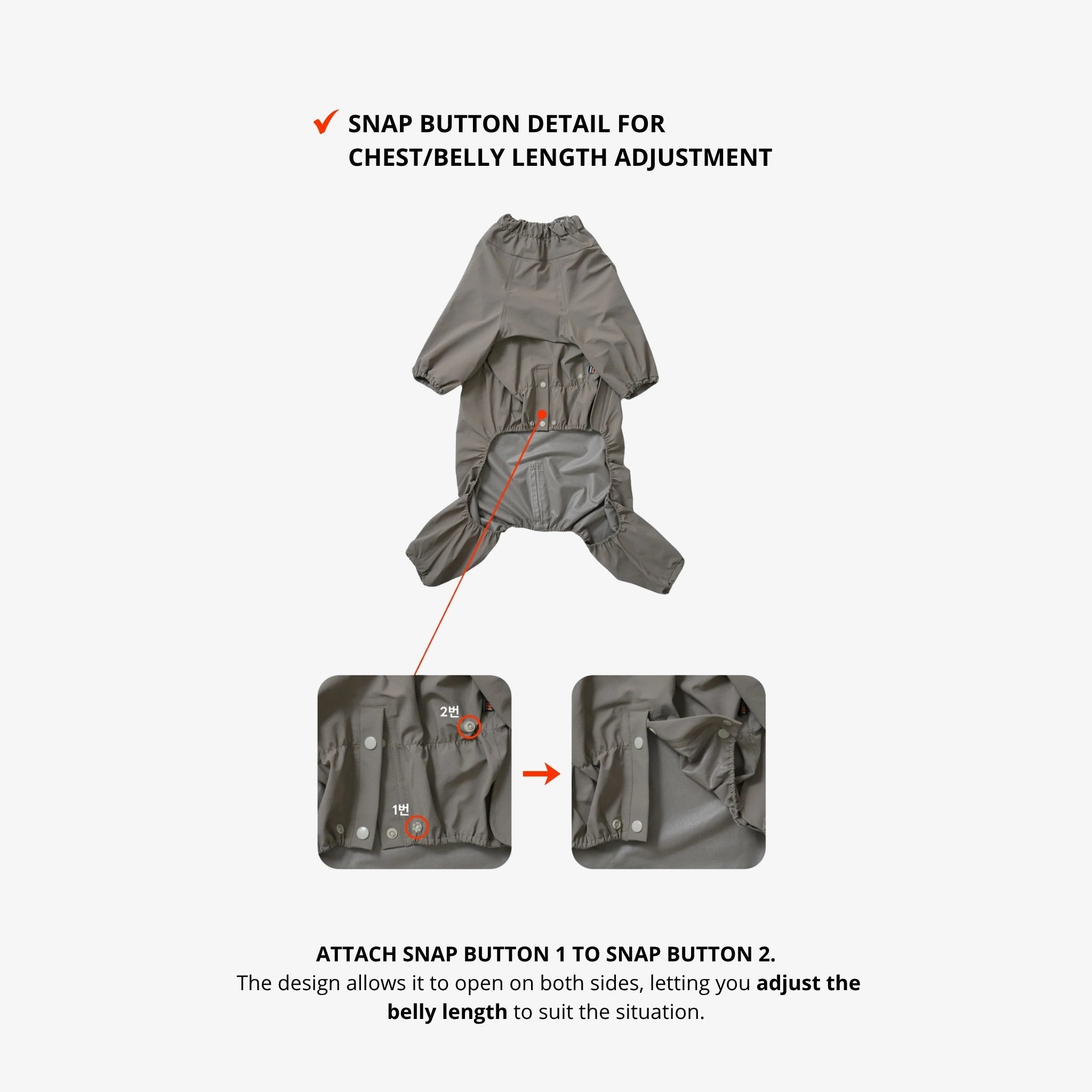 Infographic showing the underbelly view of the khaki dog jumpsuit, with diagram insets illustrating how the dual snap-button system adjusts the chest and belly length.