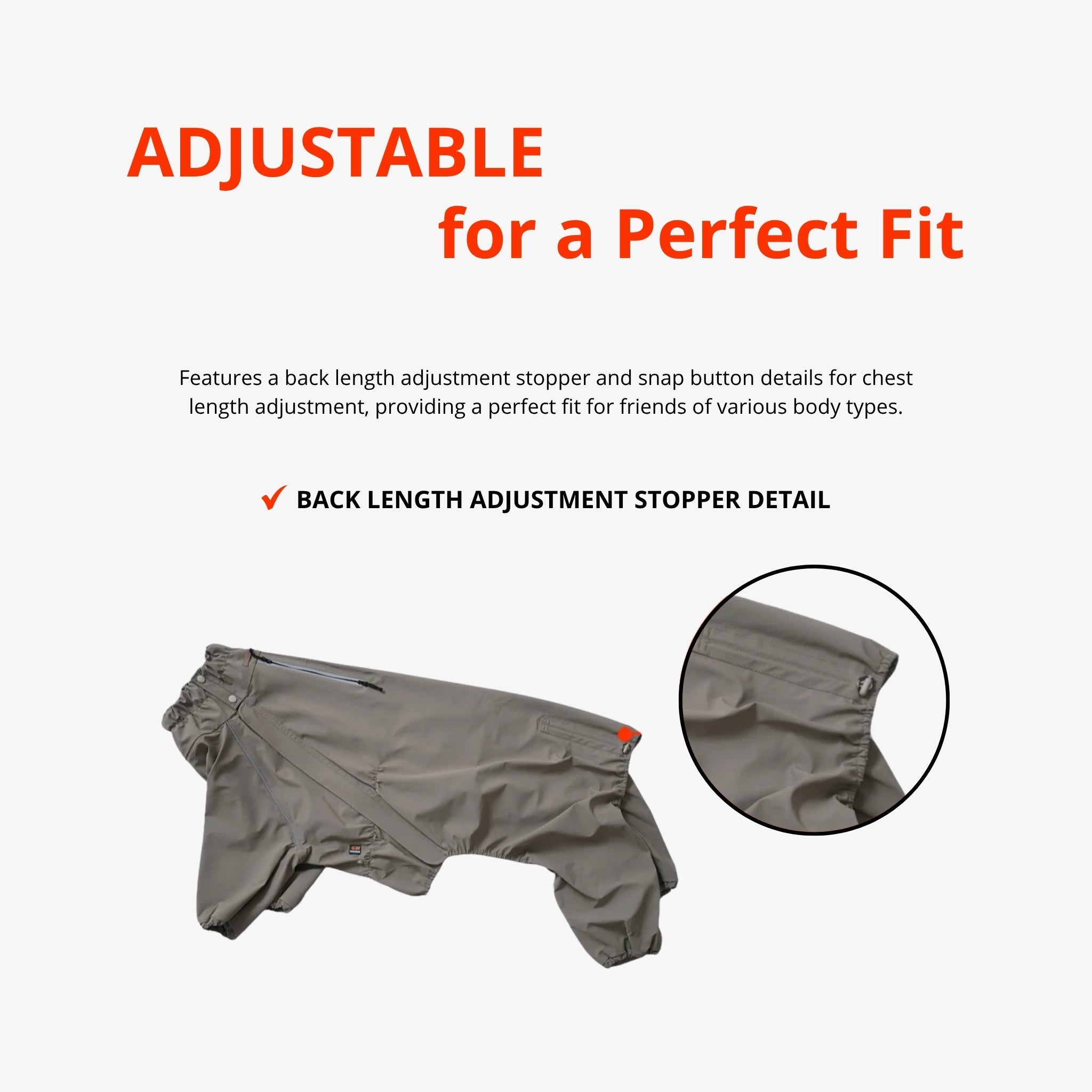 A technical graphic of the khaki-taupe full-coverage dog rain jacket, demonstrating the built-in back length adjustment drawstring stopper for a custom tail-to-neck fit.