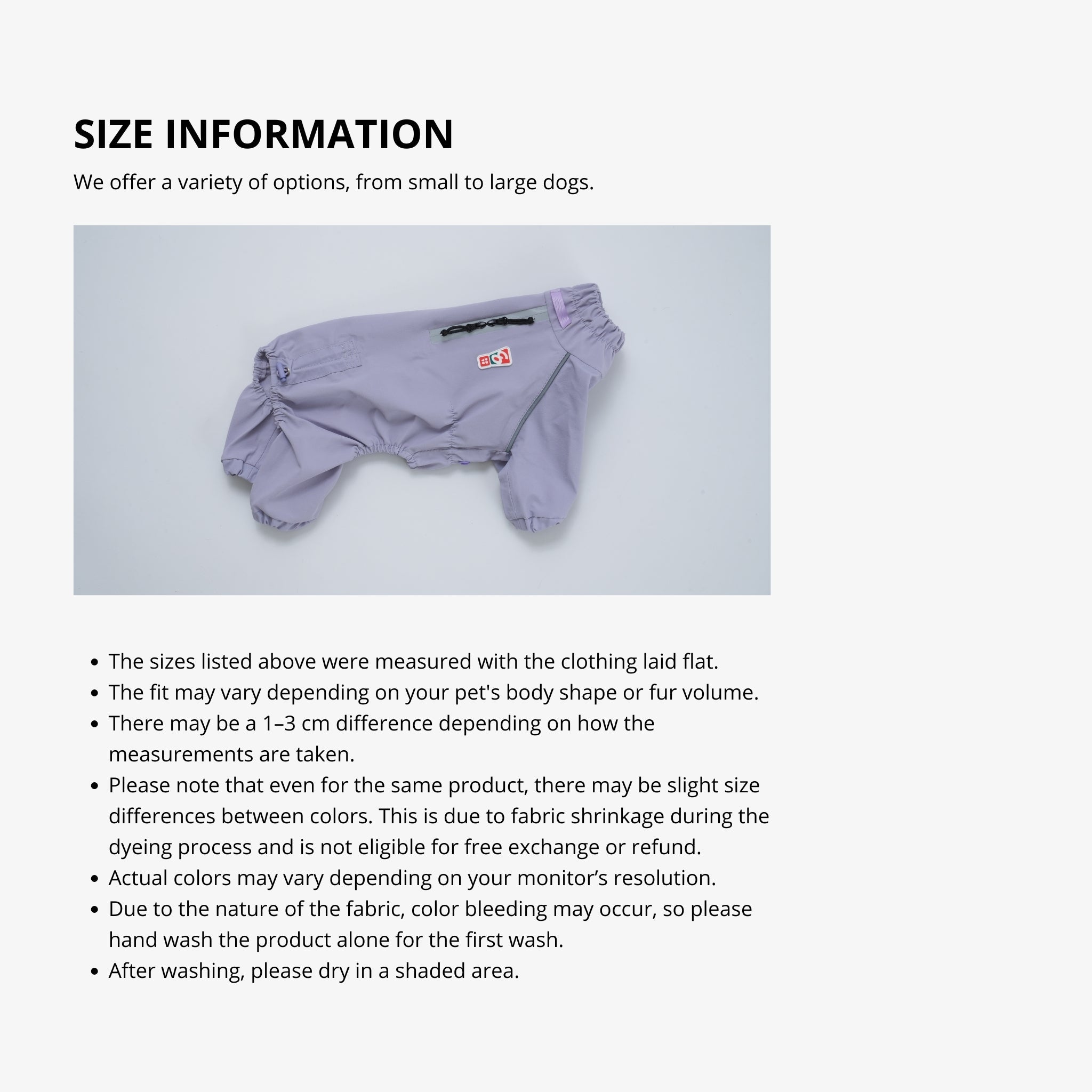 Size information graphic featuring a flat-lay view of the lavender full-body dog rain suit next to detailed text regarding fabric measurements and care instructions.