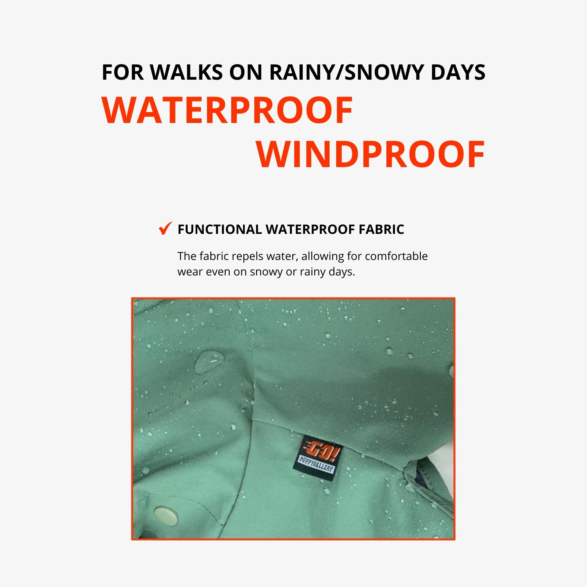 An extreme macro close-up view of rain droplets cleanly beading on the surface of the green Puppy Gallery high-performance waterproof and windproof functional outerwear fabric.