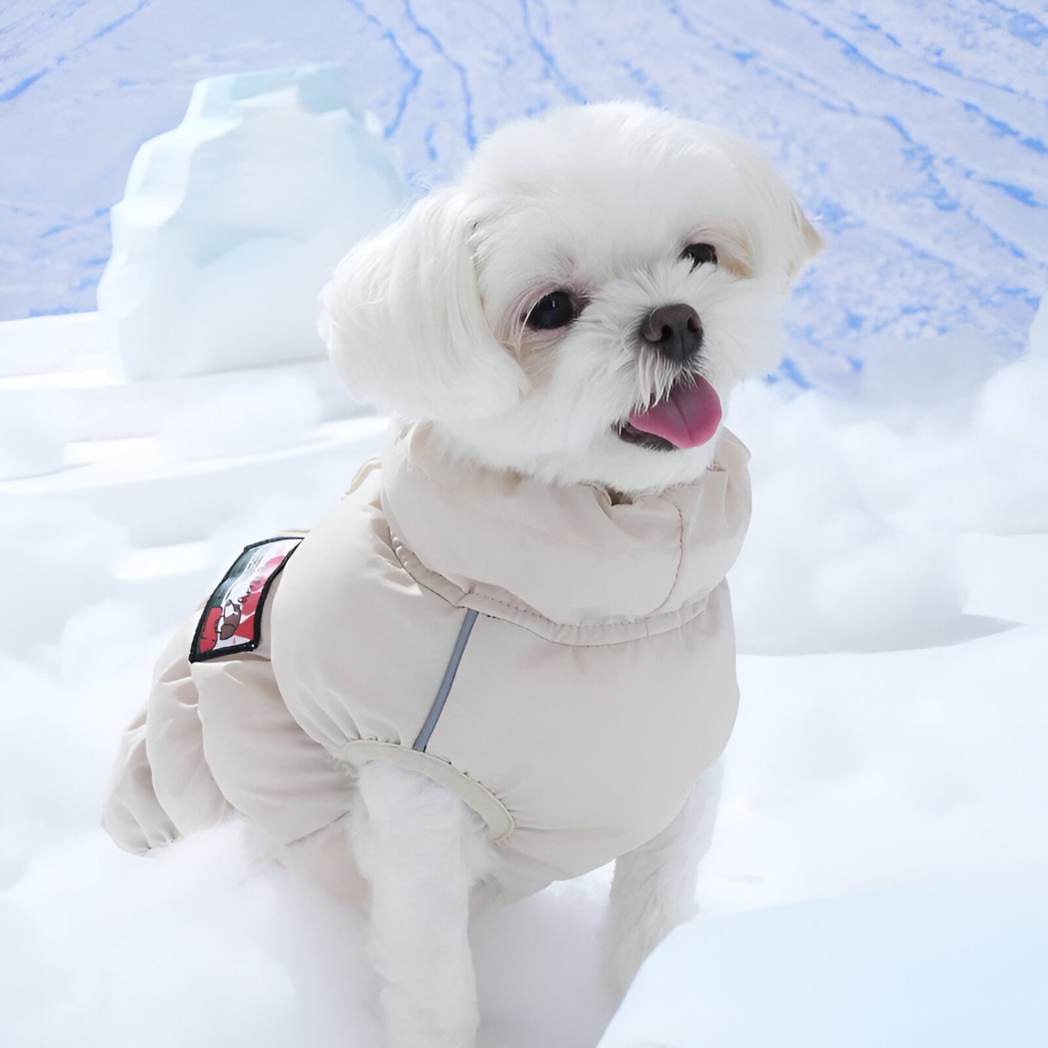A small white Maltese dog sitting in a snow-themed studio setting, modeling the beige Kiroro Cloud Padding winter dog puffer vest.