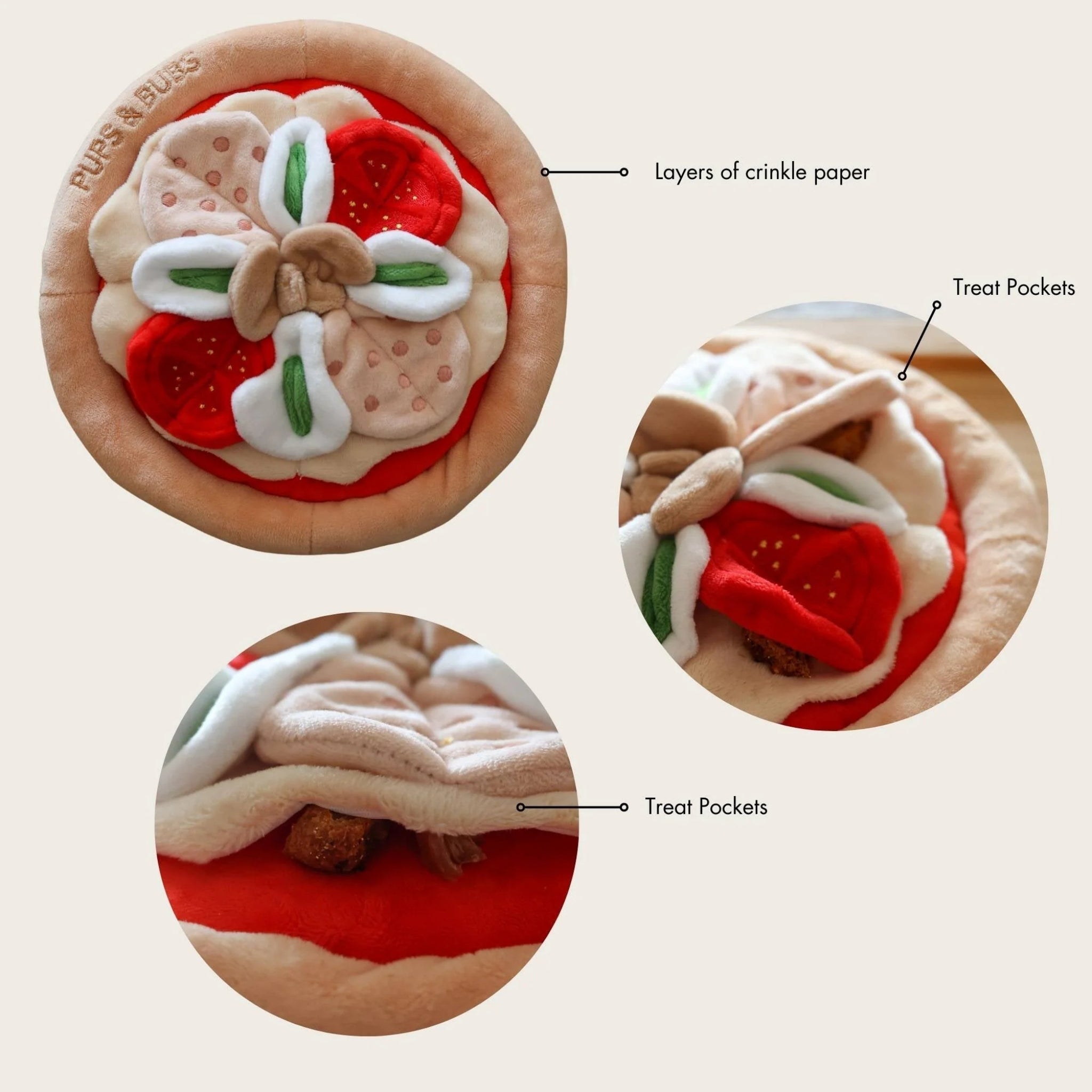 Infographic diagram of the pups & bubs pepperoni pizza snuffle mat for dogs, highlighting features like layers of crinkle paper and hidden treat pockets for interactive nosework training.