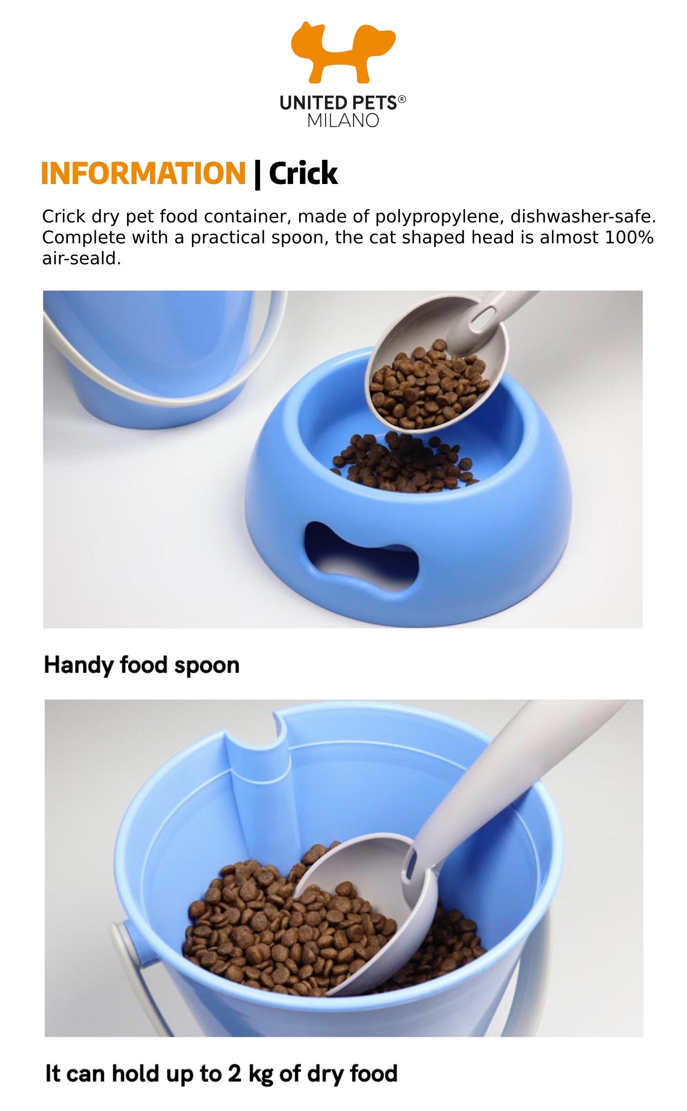 A product info graphic for the blue United Pets Crick cat dry food container, detailing its dishwasher-safe polypropylene construction across two photos showing the integrated measuring spoon and 2kg kibble capacity bucket.