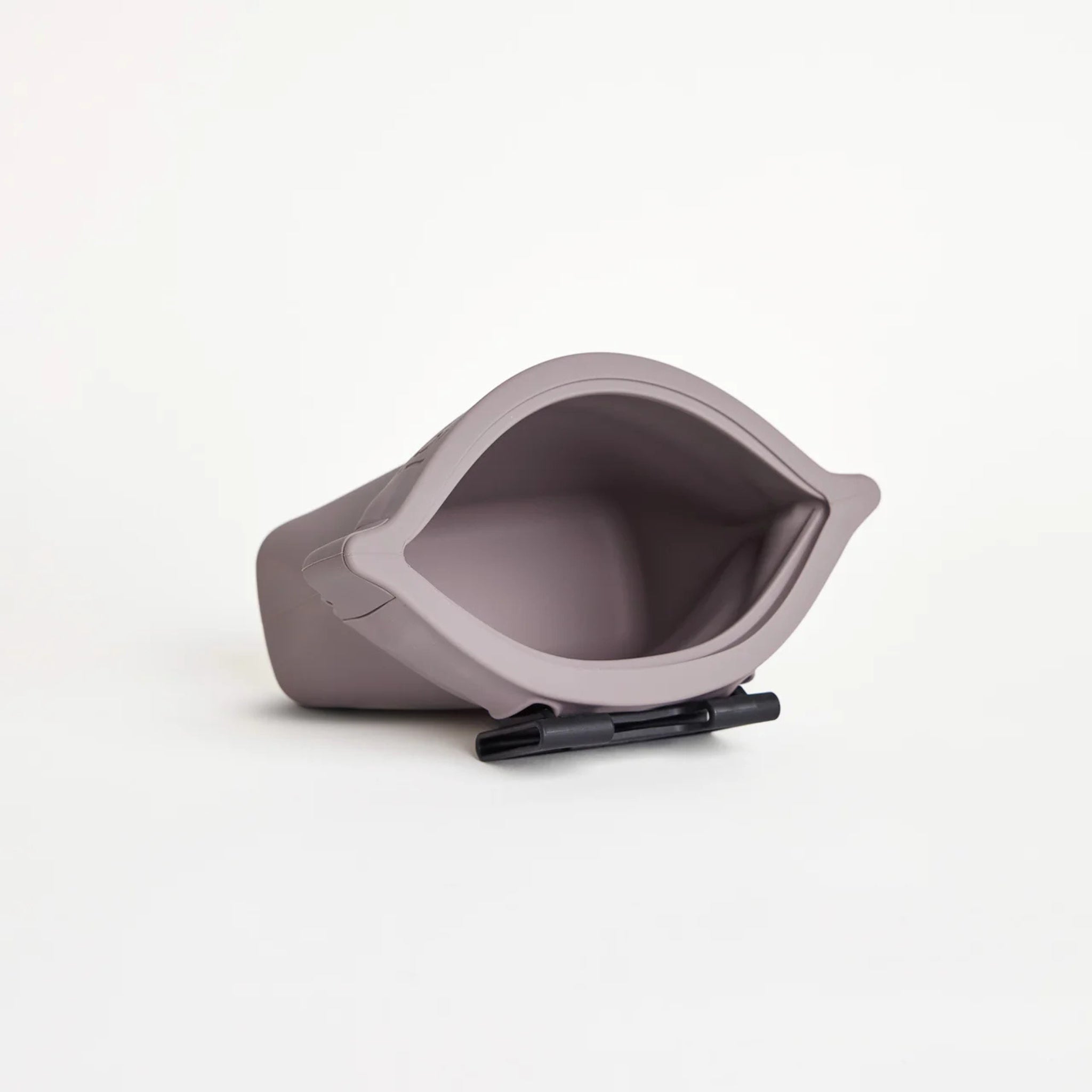An open mist gray silicone dog treat pouch, the Ultimate Treat Pouch The Standard by Voilapets, showing its wide mouth opening and black belt clip underneath.